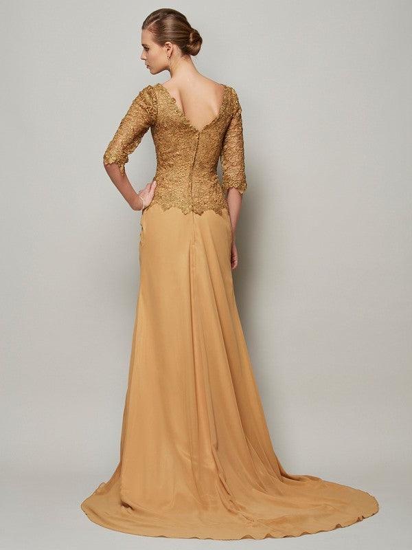 Vestidos largos de gasa con encaje, escote en V, mangas 1/2 y corte tubo/columna