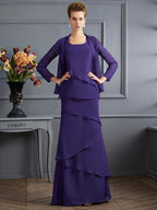 Vestidos largos de gasa para madre de la novia, con corte tubo, escote redondo, sin mangas y volantes