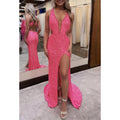 V-neck Illusion Empire Sleeveless Sequined with Side Slit Party Prom Evening Dress