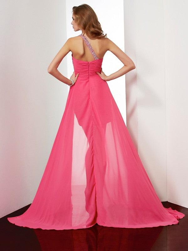 Etui-Linie/Säule One-Shoulder-Träger Perlen verziert Ärmellos Kurz Chiffon Homecoming Kleider