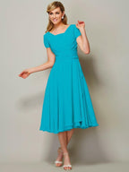 Sheath/Column Bateau Short Sleeves Ruffles Short Chiffon Tea-Length Bridesmaid Dresses