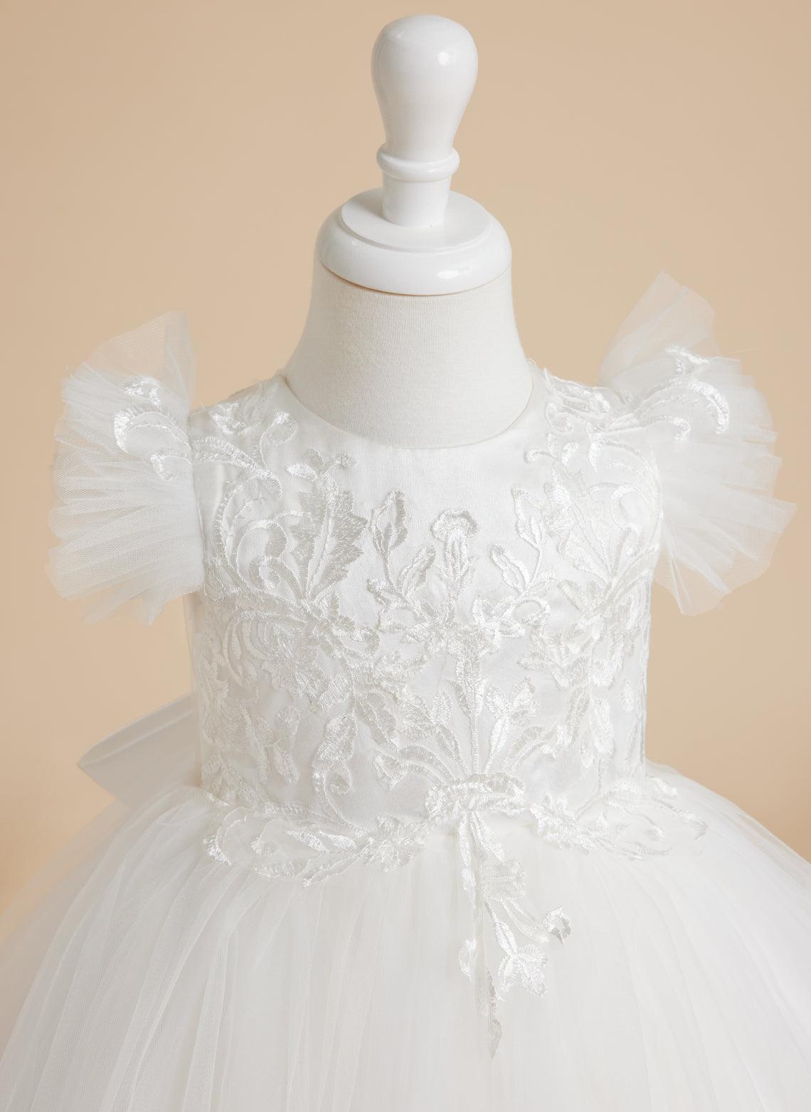 Vestido de princesa color marfil con apliques de encaje y cola de tul para niñas 