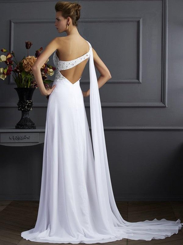 Vestidos largos de gasa con escote tubo/columna, sin mangas, con un solo hombro y cuentas