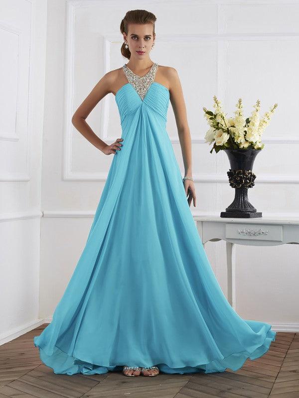 Empire-Linie Neckholder Ärmellos Perlen verziert Bodenlang Chiffon Kleider