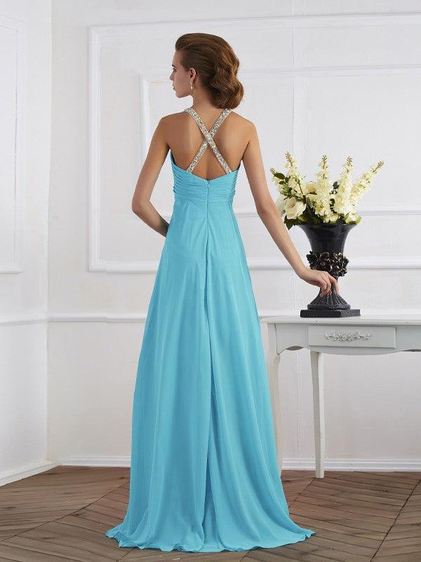 Empire-Linie Neckholder Ärmellos Perlen verziert Bodenlang Chiffon Kleider