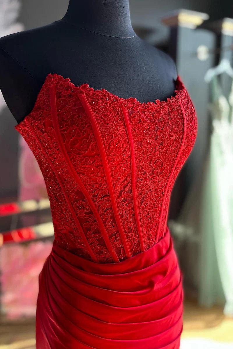 Vestido de fiesta tubo sin tirantes corsé satén con abertura