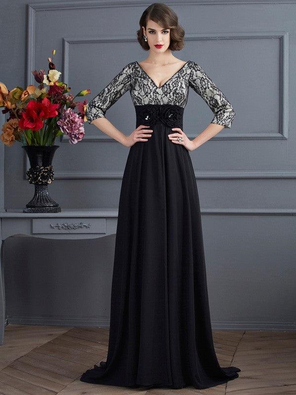 Vestidos largos de gasa con encaje, mangas 3/4 y escote en V y corte tubo/columna