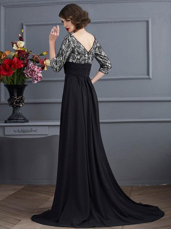 Vestidos largos de gasa con encaje, mangas 3/4 y escote en V y corte tubo/columna