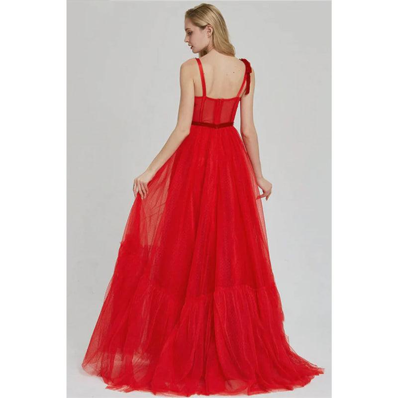 Vestido de fiesta largo de tul rojo con tirantes de cuentas, corte A y bolsillos 