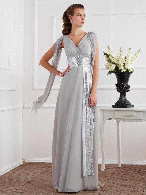Vestidos largos de gasa con encaje, mangas cortas y escote en V y corte tubo/columna