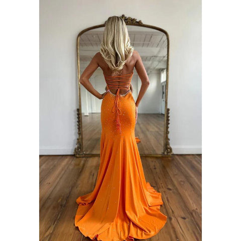 Sweetheart Strapless Beaded Satin Sheath Long Prom Evening Dress With Slit