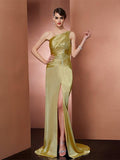 Sheath/Column One-Shoulder Sleeveless Beading Long Elastic Woven Satin Dresses