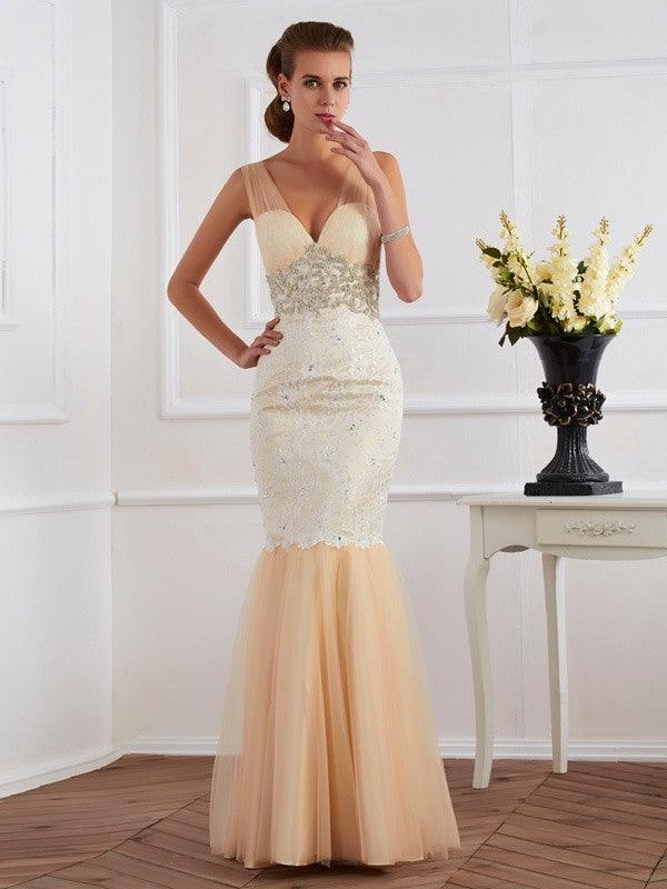Vestidos largos de red con abalorios, sin mangas y tirantes de trompeta/sirena