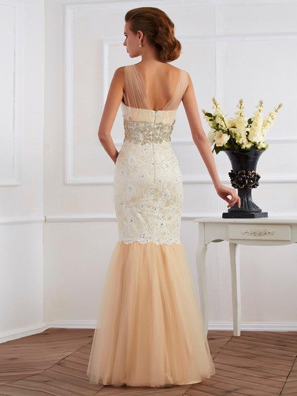 Vestidos largos de red con abalorios, sin mangas y tirantes de trompeta/sirena