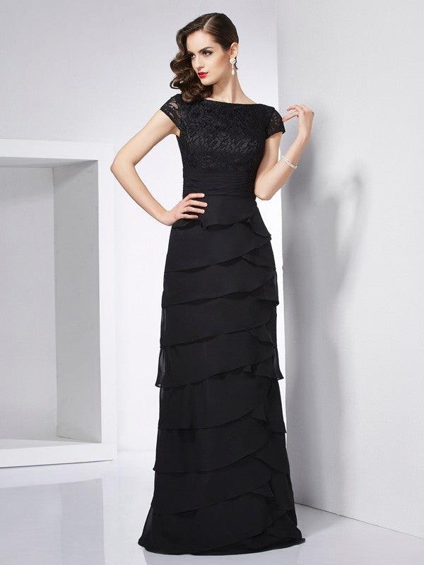 Vestidos largos de gasa con mangas cortas y escote redondo y corte tubo/columna