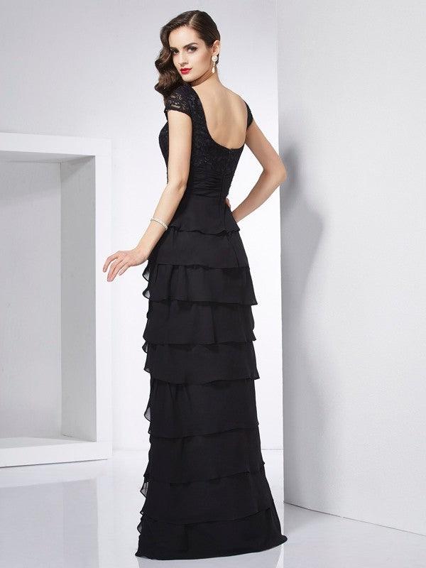 Vestidos largos de gasa con mangas cortas y escote redondo y corte tubo/columna
