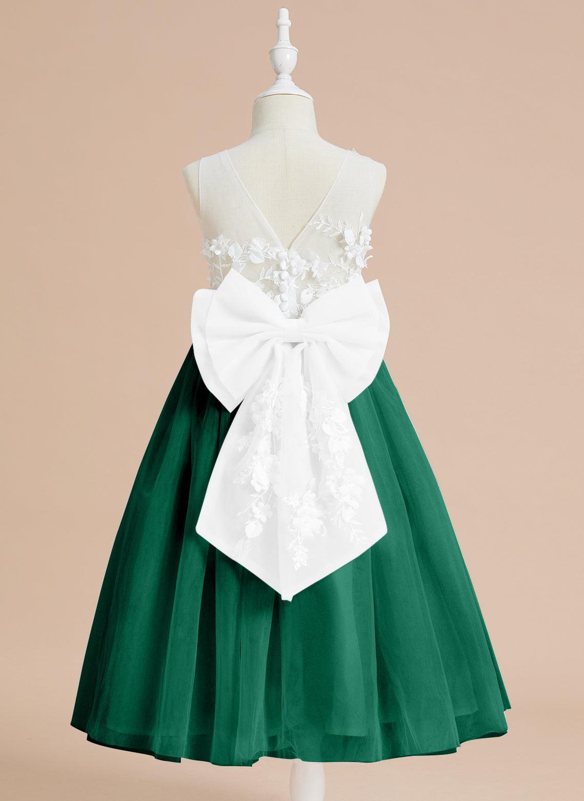 Vestido largo hasta la rodilla con encaje floral y lazo grande 
