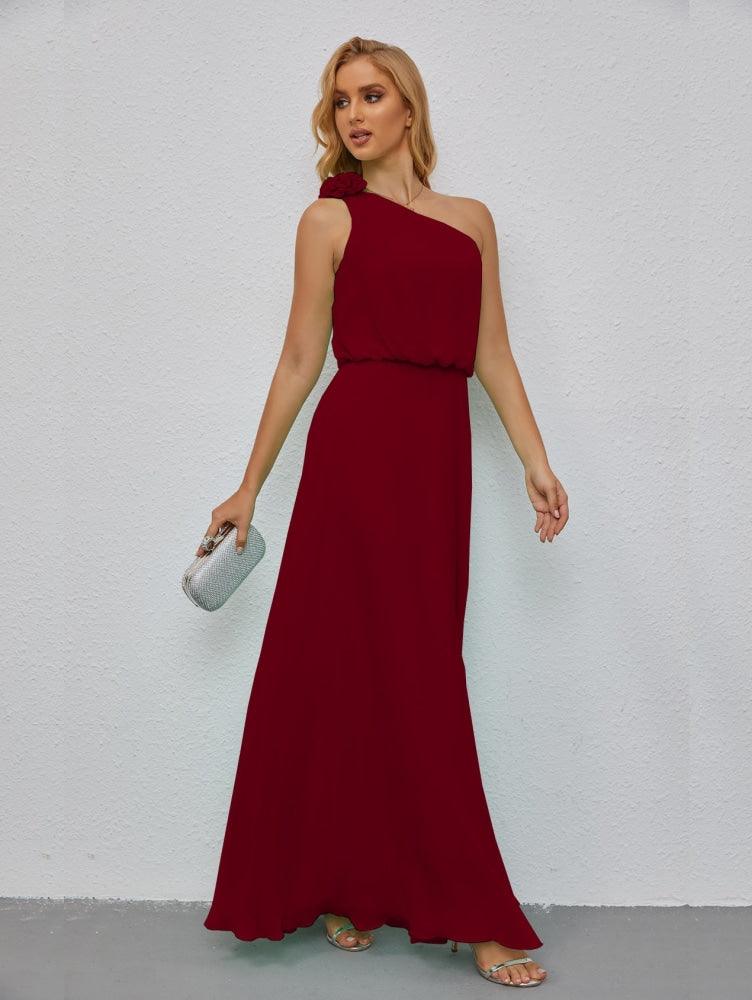 Ruffled One Shoulder Sleeveless Long Bridesmaid Dresses A-line Formal Evening Gown Side Split 28080-numbersea