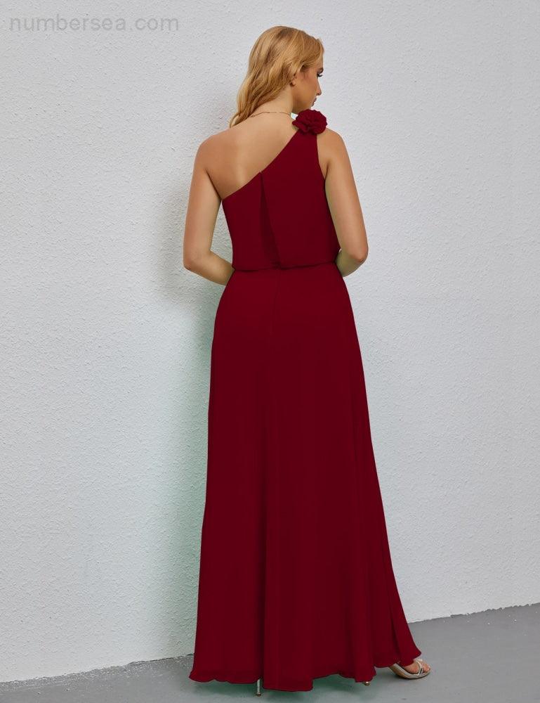 Ruffled One Shoulder Sleeveless Long Bridesmaid Dresses A-line Formal Evening Gown Side Split 28080-numbersea