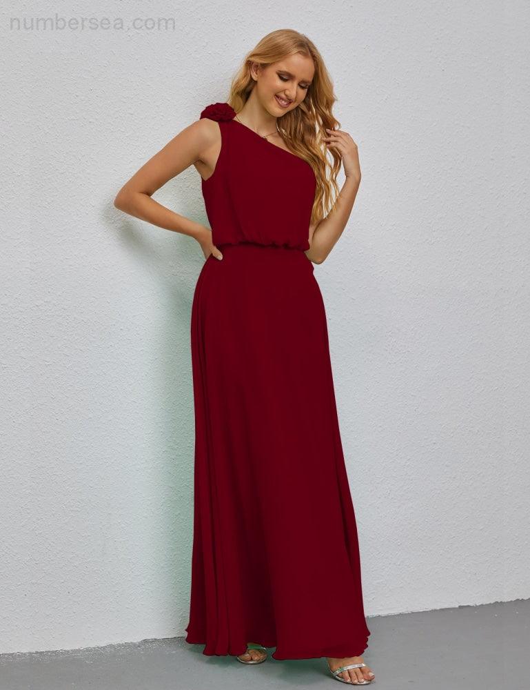 Ruffled One Shoulder Sleeveless Long Bridesmaid Dresses A-line Formal Evening Gown Side Split 28080-numbersea