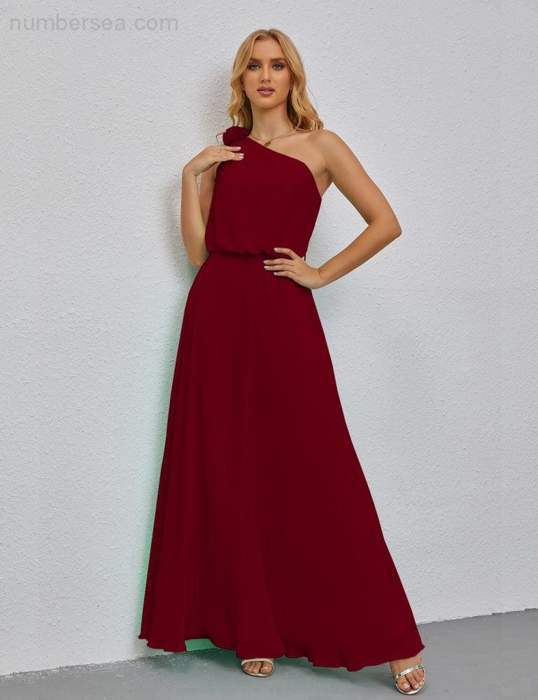Ruffled One Shoulder Sleeveless Long Bridesmaid Dresses A-line Formal Evening Gown Side Split 28080-numbersea