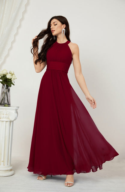 Numbersea Formal Party Gown Dress Chiffon Halter Long Sleeveless Bridesmaid Dresses 2802 Crimson