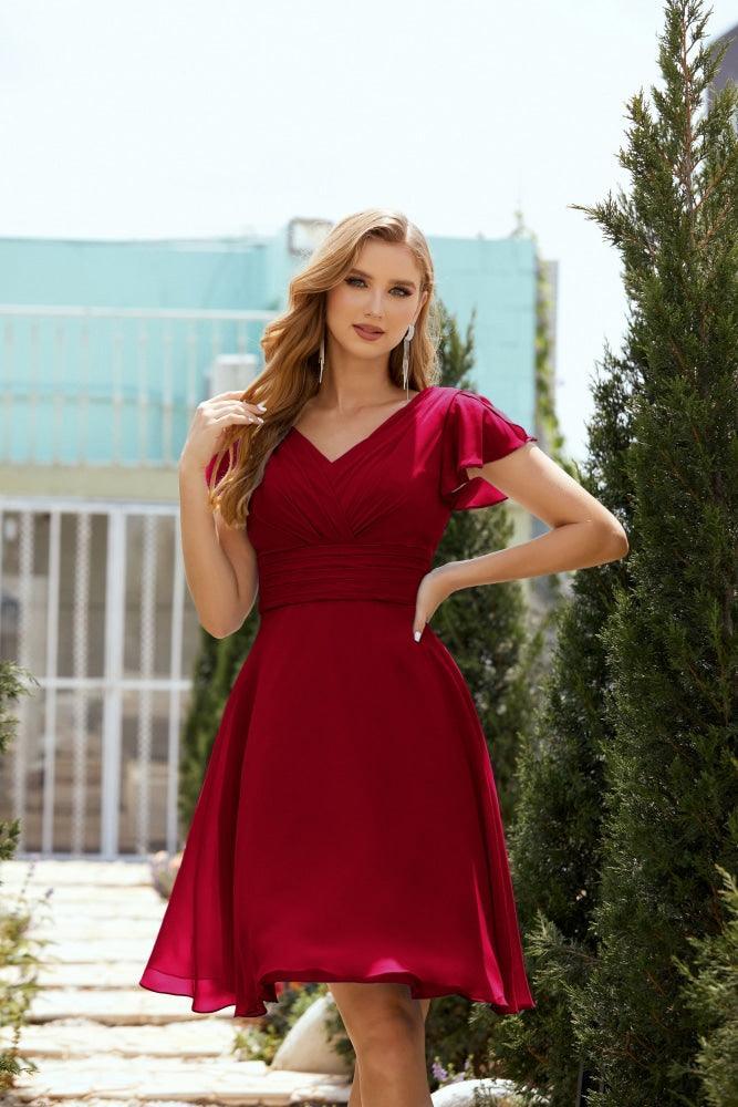 Neck Chiffon Bridesmaid Dresses Formal Cocktail Prom Gown Homecoming 28013 Crimson