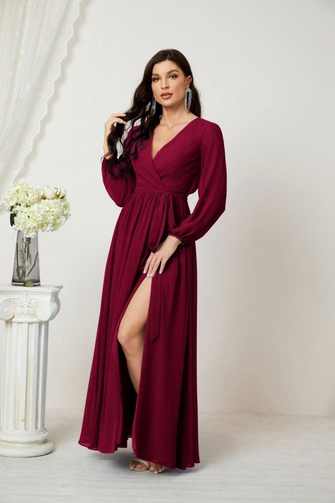 Numbersea Evening Dresses Deep V-Neck Chiffon Bridesmaid Dresses Long Bishop Sleeve Side Split Formal Dress 2806-numbersea