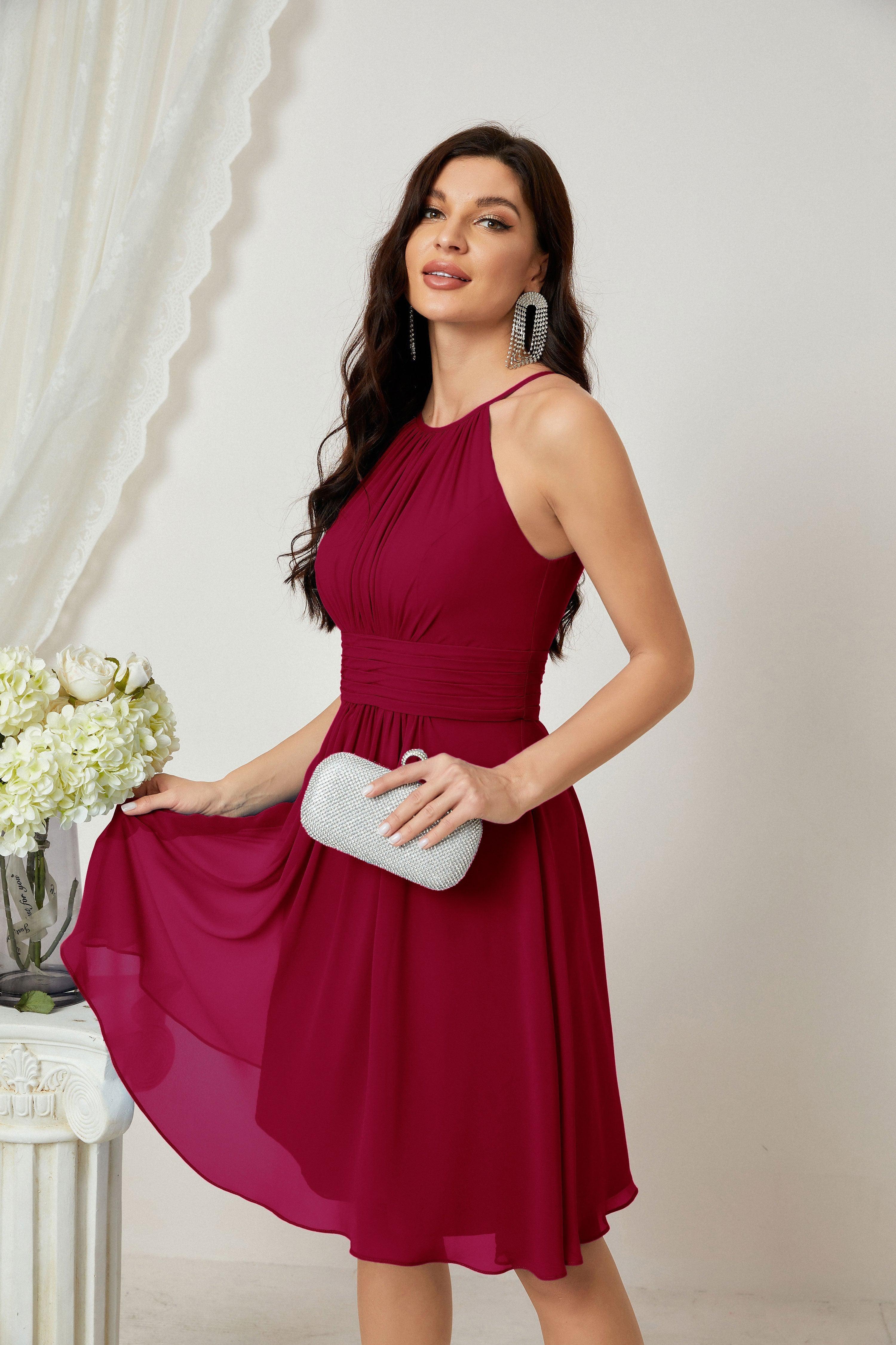 Halter Bridesmaid Dresses Knee Length A Line Formal Evening Party Cocktail Dress 28011 Crimson