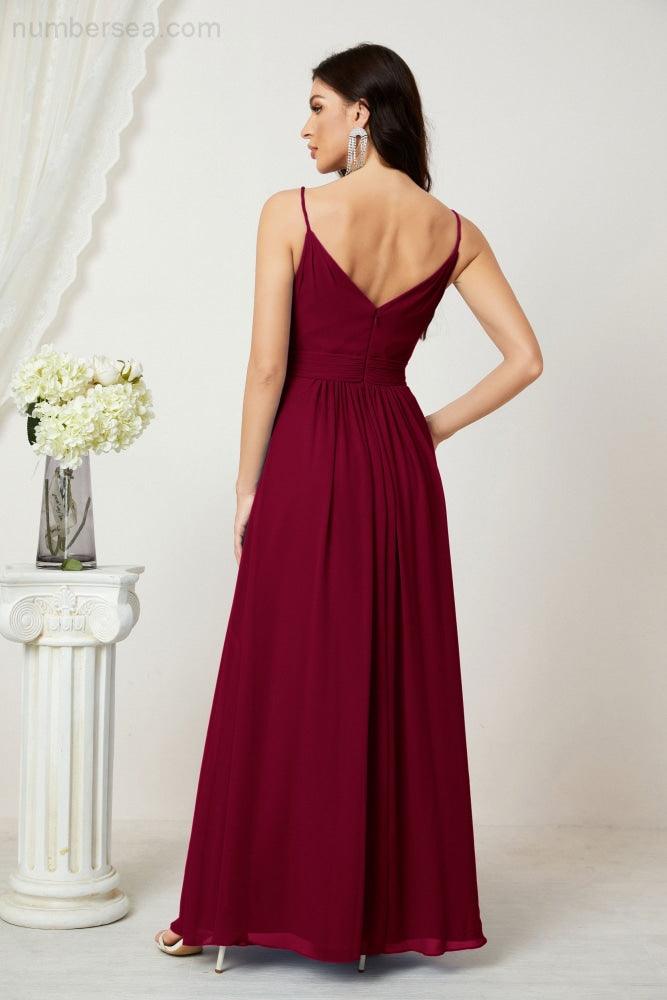 Numbersea Chiffon V-Neck Bridesmaid Dress Spaghetti Strap Long Formal Party Prom Gowns with Slit 28010-numbersea