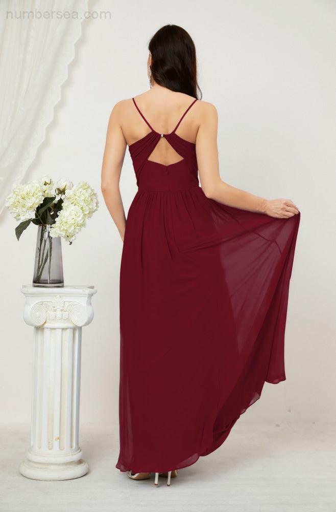 Numbersea Neck Bridesmaid Dresses Chiffon Long Spaghetti A-line Formal Prom Gown for Wedding Party Evening 2801-numbersea