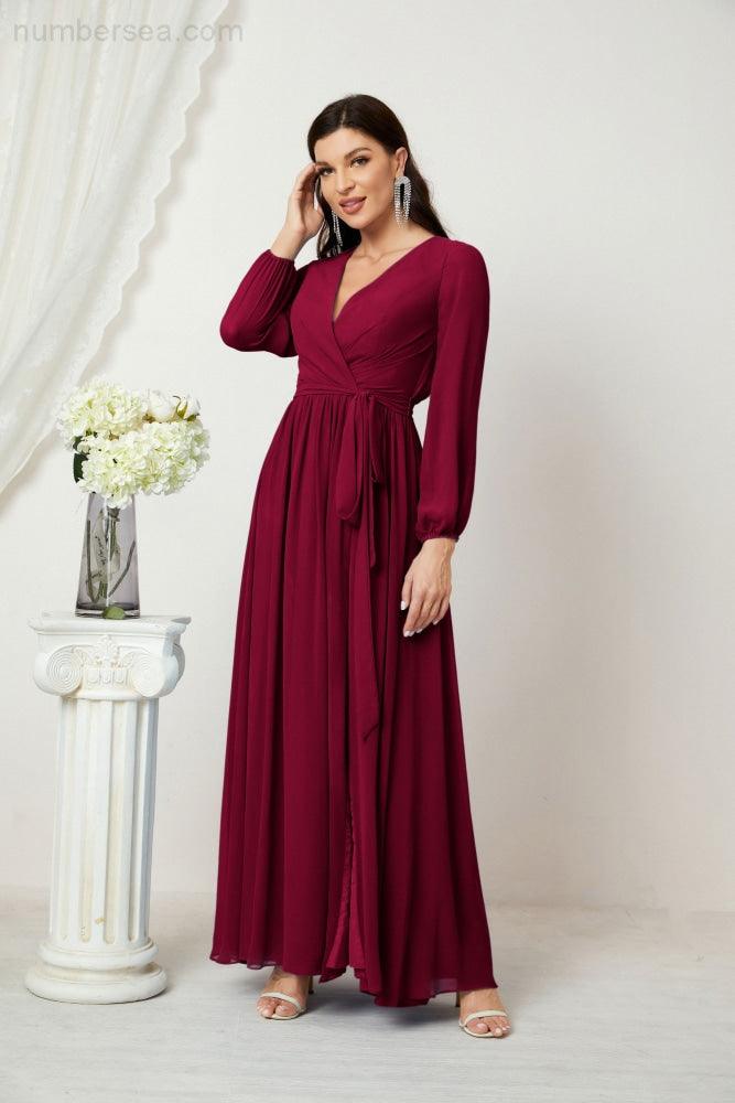 Numbersea Evening Dresses Deep V-Neck Chiffon Bridesmaid Dresses Long Bishop Sleeve Side Split Formal Dress 2806-numbersea