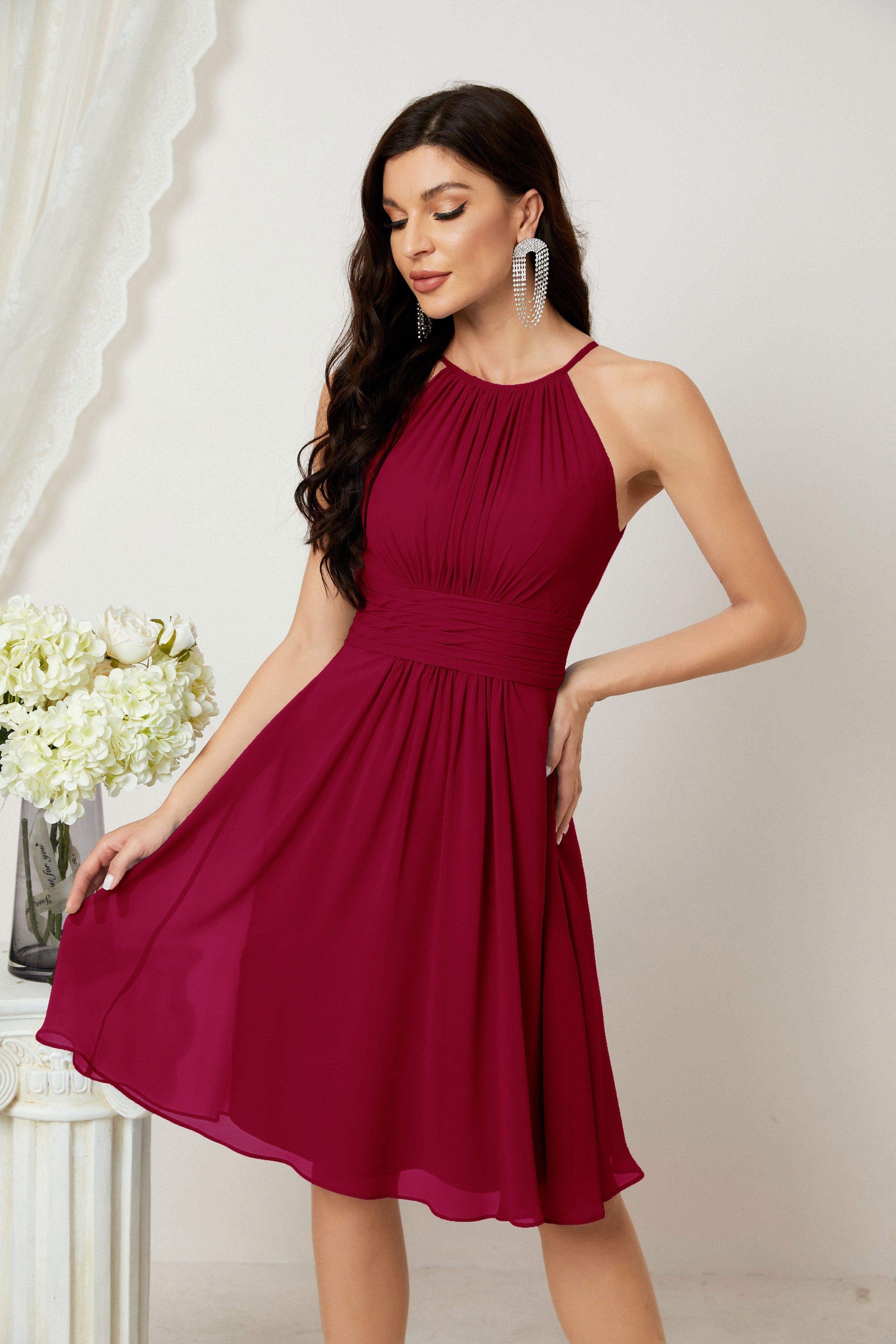 Halter Bridesmaid Dresses Knee Length A Line Formal Evening Party Cocktail Dress 28011