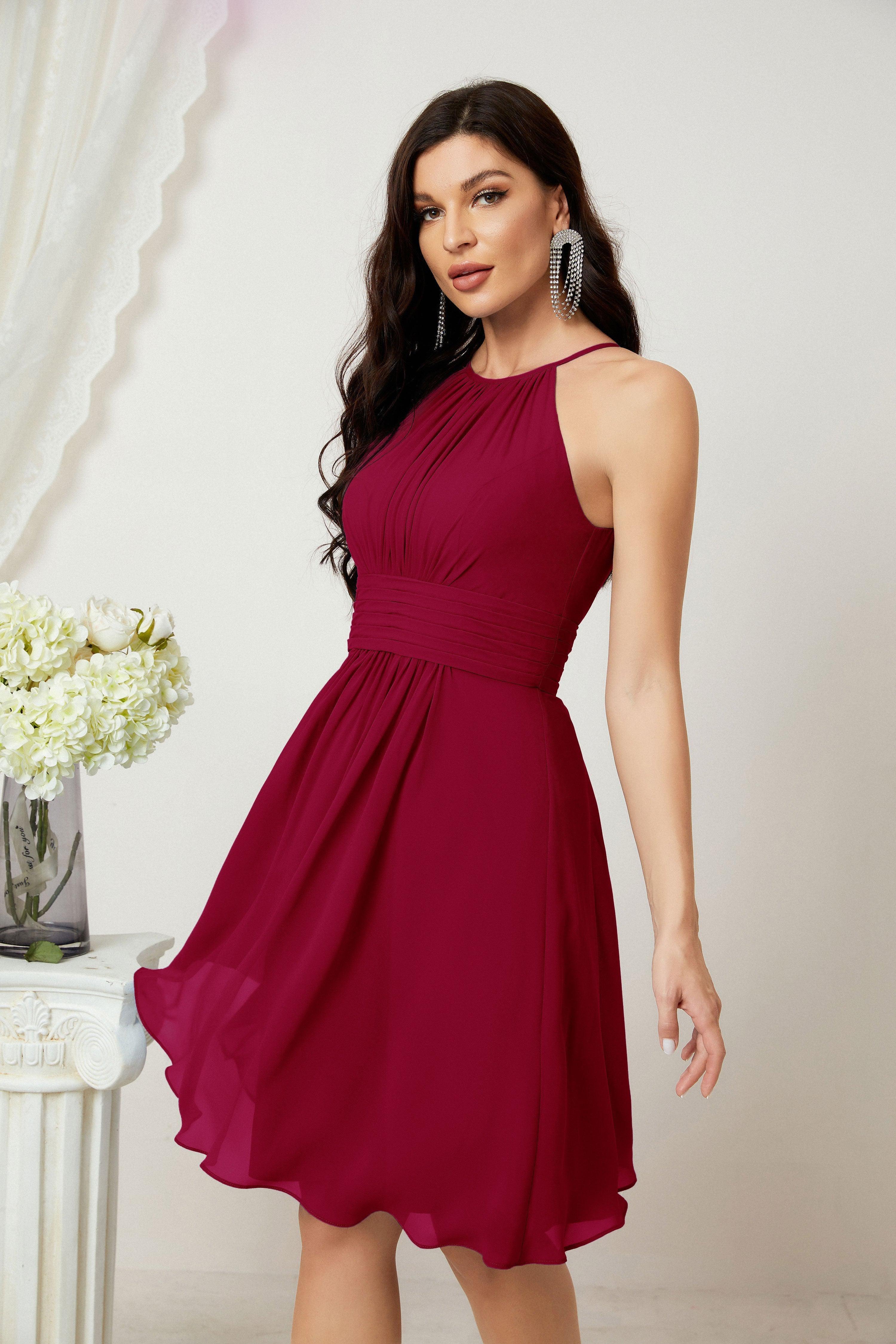 Halter Bridesmaid Dresses Knee Length A Line Formal Evening Party Cocktail Dress 28011