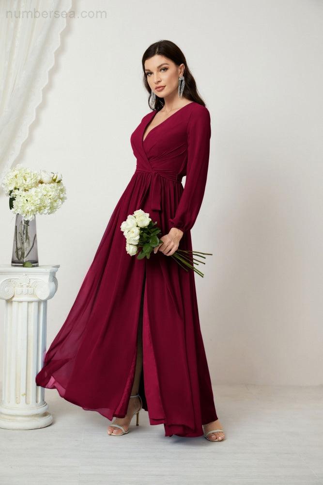 Numbersea Evening Dresses Deep V-Neck Chiffon Bridesmaid Dresses Long Bishop Sleeve Side Split Formal Dress 2806-numbersea