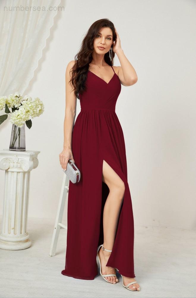 Numbersea Neck Bridesmaid Dresses Chiffon Long Spaghetti A-line Formal Prom Gown for Wedding Party Evening 2801-numbersea