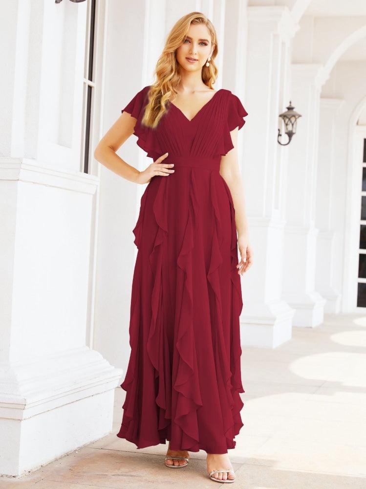Ruffled Bridesmaid Dresses with Sleeves Long Formal Party Dress 28041-numbersea