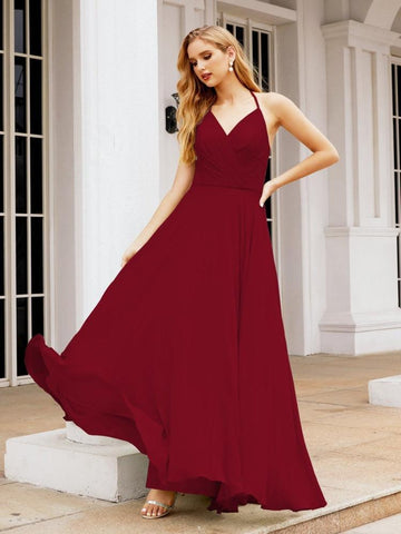 Numbersea Halter Chiffon Bridesmaid Dresses Wedding Appare Sleeveless Formal Prom Dress with Ruffled Back 28035-numbersea