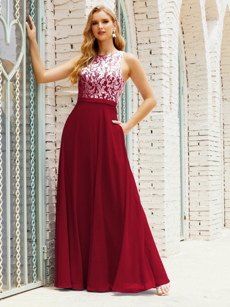 Lace Bridesmaid Dress Floor Length Evening Gowns with Pockets 28017-numbersea