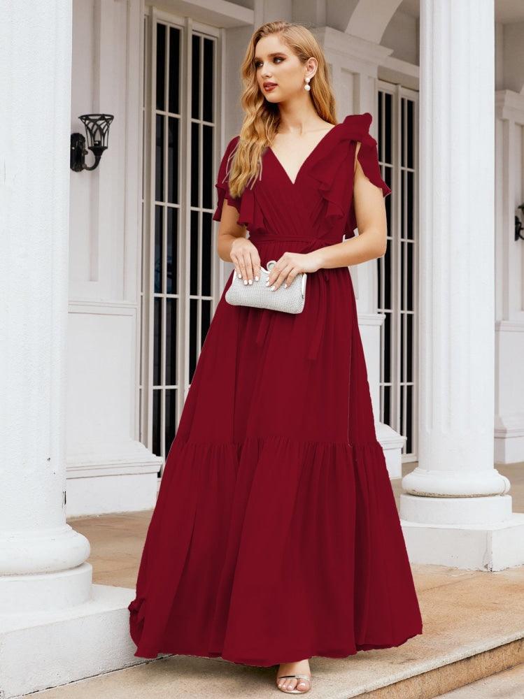 Numbersea Women's Open Back Formal Evening Party Prom Gowns V-Neck Long Chiffon Bridesmaid Dresses with Waist Belt 28038-numbersea