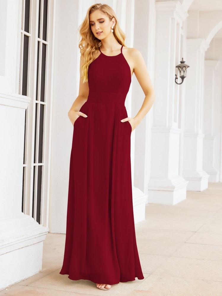 Numbersea Halter Bridesmaid Dresses with Pockets Sleeveless Formal Evening Party Prom Gowns 28055-numbersea