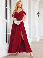 Numbersea Off The Shoulder Chiffon Bridesmaid Dress Long Formal Graduation Gown with Cowl Back 28069-numbersea