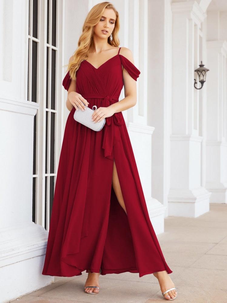 Numbersea Off The Shoulder Chiffon Bridesmaid Dress Long Formal Graduation Gown with Cowl Back 28069-numbersea