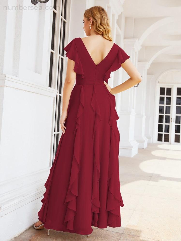 Ruffled Bridesmaid Dresses with Sleeves Long Formal Party Dress 28041-numbersea