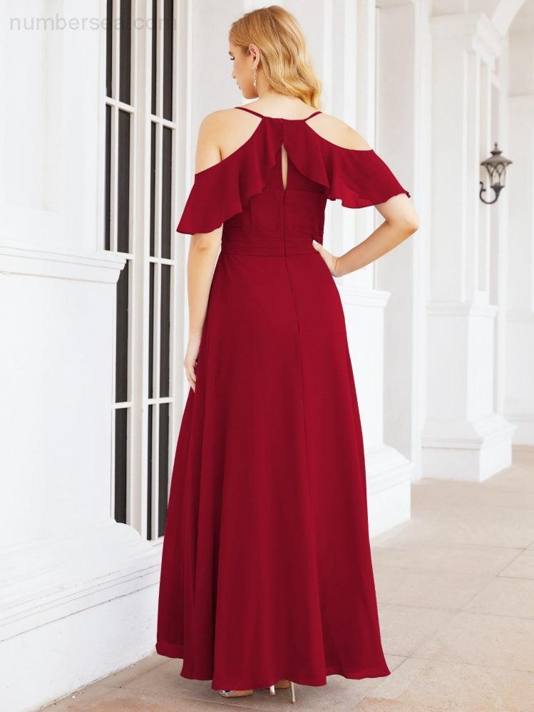 Numbersea Cold Shoulder Long Bridesmaid Dresses Side Slit Formal Prom Gowns Party Wedding 28070-numbersea
