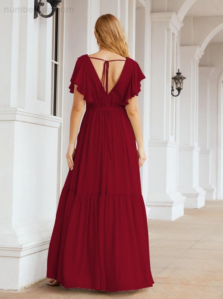 Numbersea Women's Open Back Formal Evening Party Prom Gowns V-Neck Long Chiffon Bridesmaid Dresses with Waist Belt 28038-numbersea