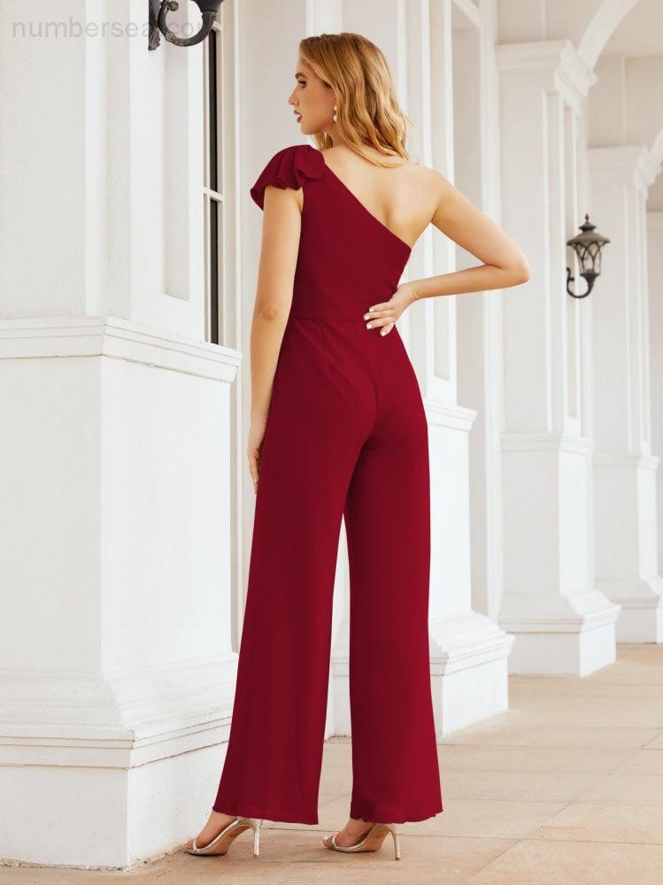 Numbersea Womens One Shoulder Chiffon Long Jumpsuit Formal Evening Dress Bridesmaid Dresses Pants