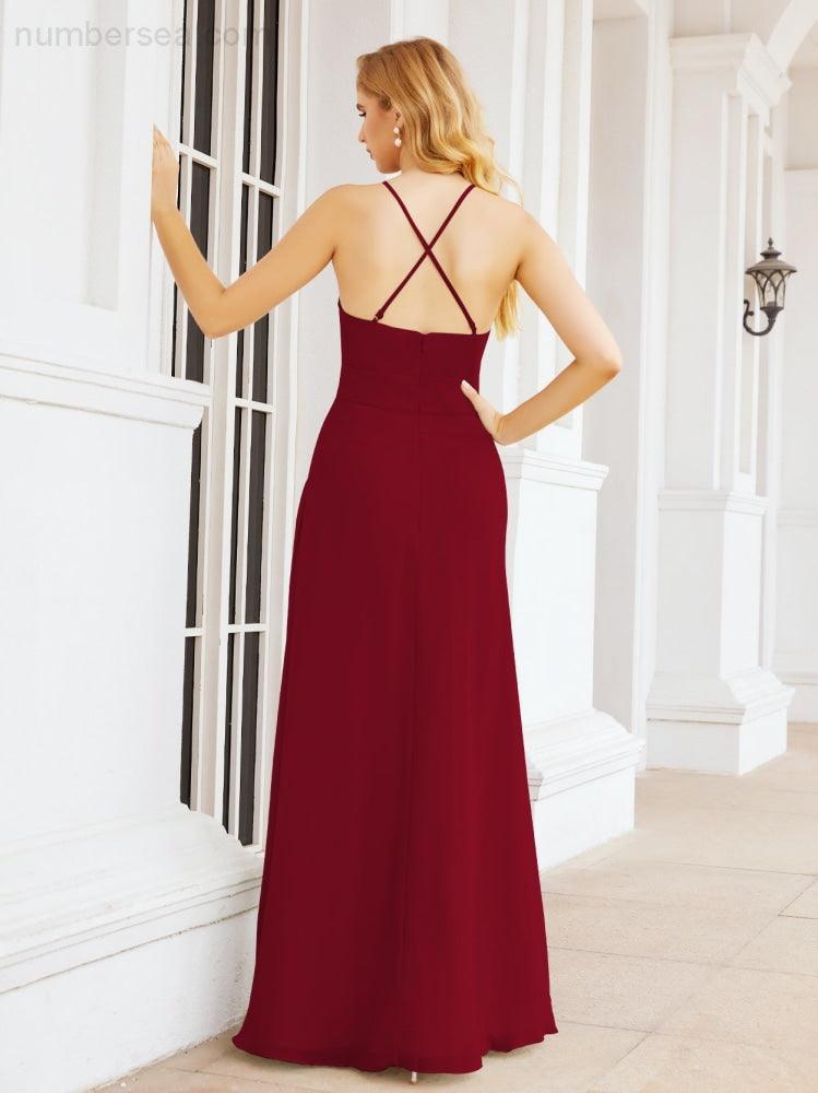 Numbersea Halter Bridesmaid Dresses with Pockets Sleeveless Formal Evening Party Prom Gowns 28055-numbersea