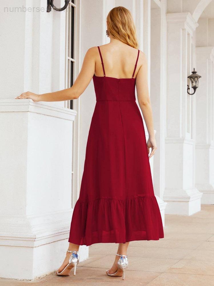 Numbersea Women Strap Chiffon Bridesmaid Dress Ankle Length Sleeveless Blackless Ruffle A Line