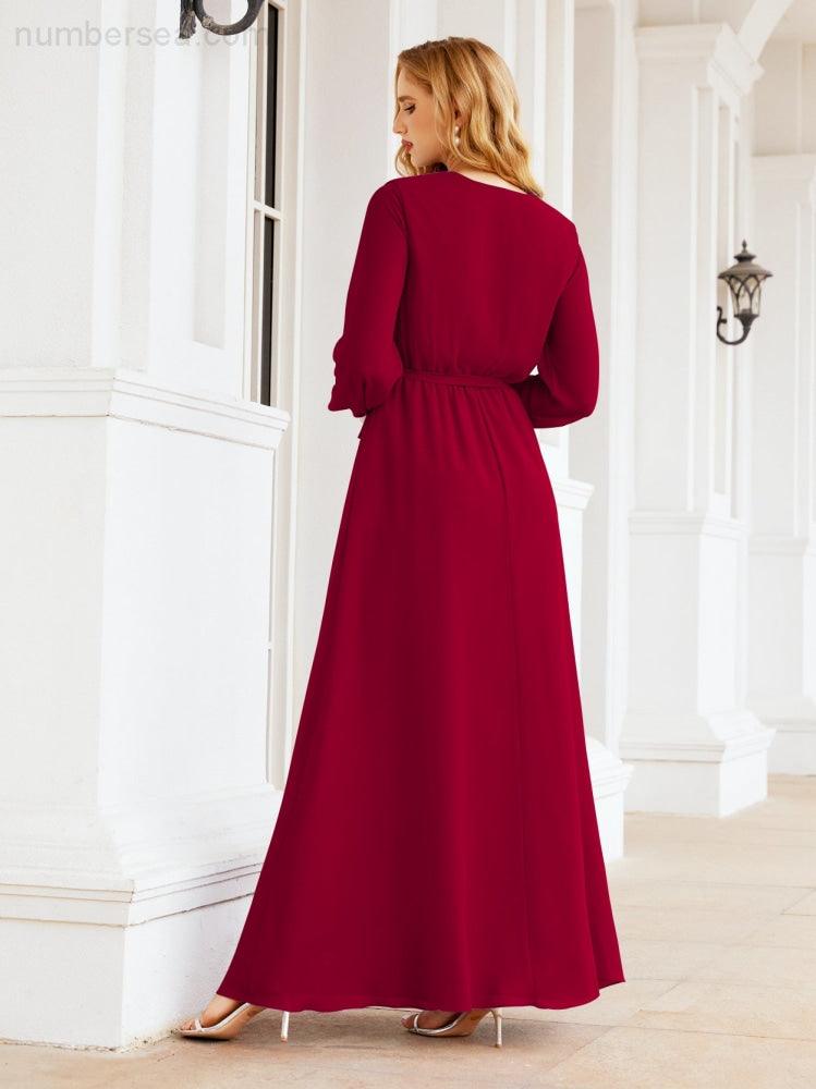 Numbersea Women's Chiffon Bridesmaid Dress A line Long Sleeves Formal Evening Prom Gown for Wedding Guest 28032-numbersea